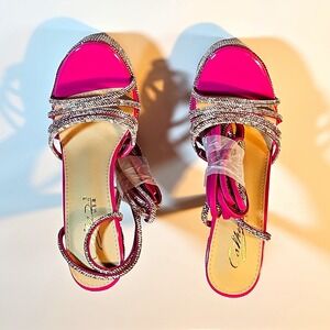 Cathy Din Hot Pink Silver Synthetic Rhinestone Platform Strappy Lace Up 7.5